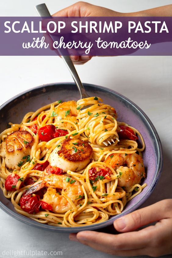 scallop shrimp pasta with cherry tomatoes