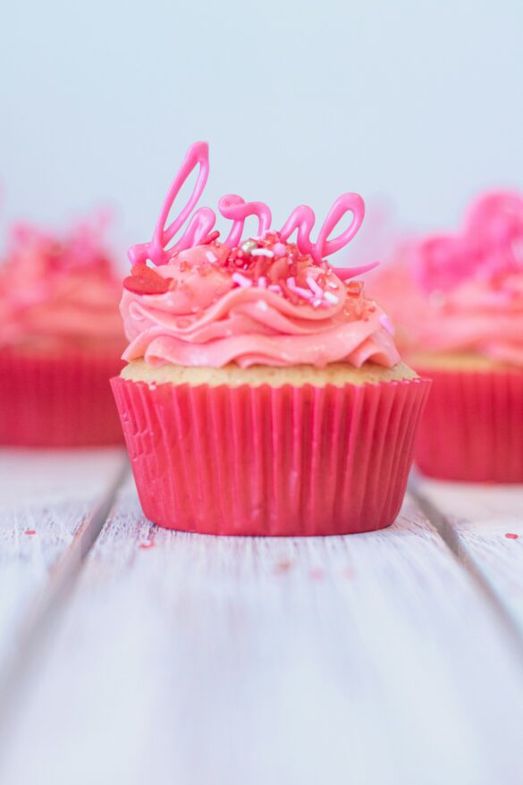 Cupcake topped with swirled pink icing