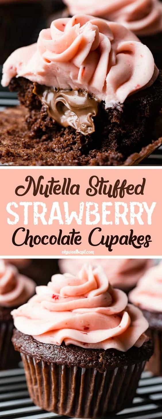 nutella stuffed strawberry chocolate cupcakes