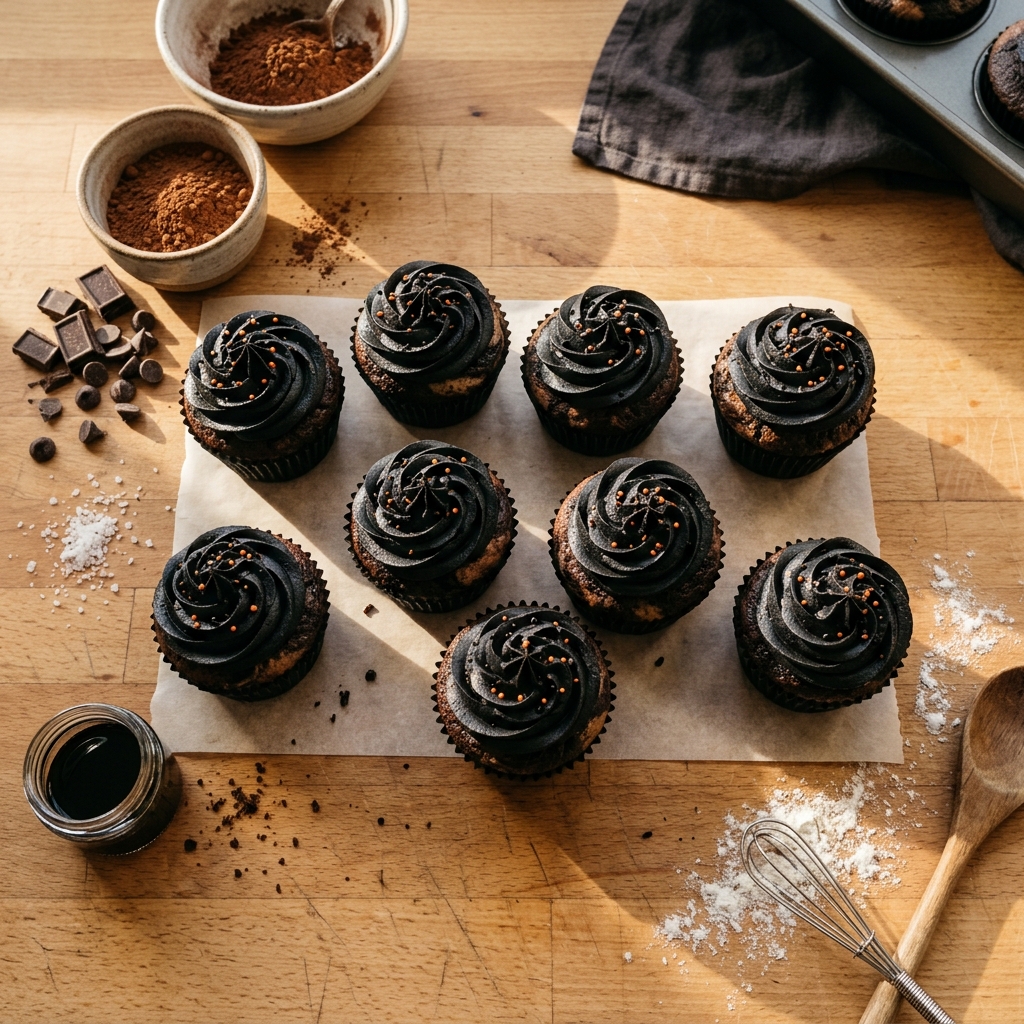 Black Chocolate Frosting Halloween Cupcakes