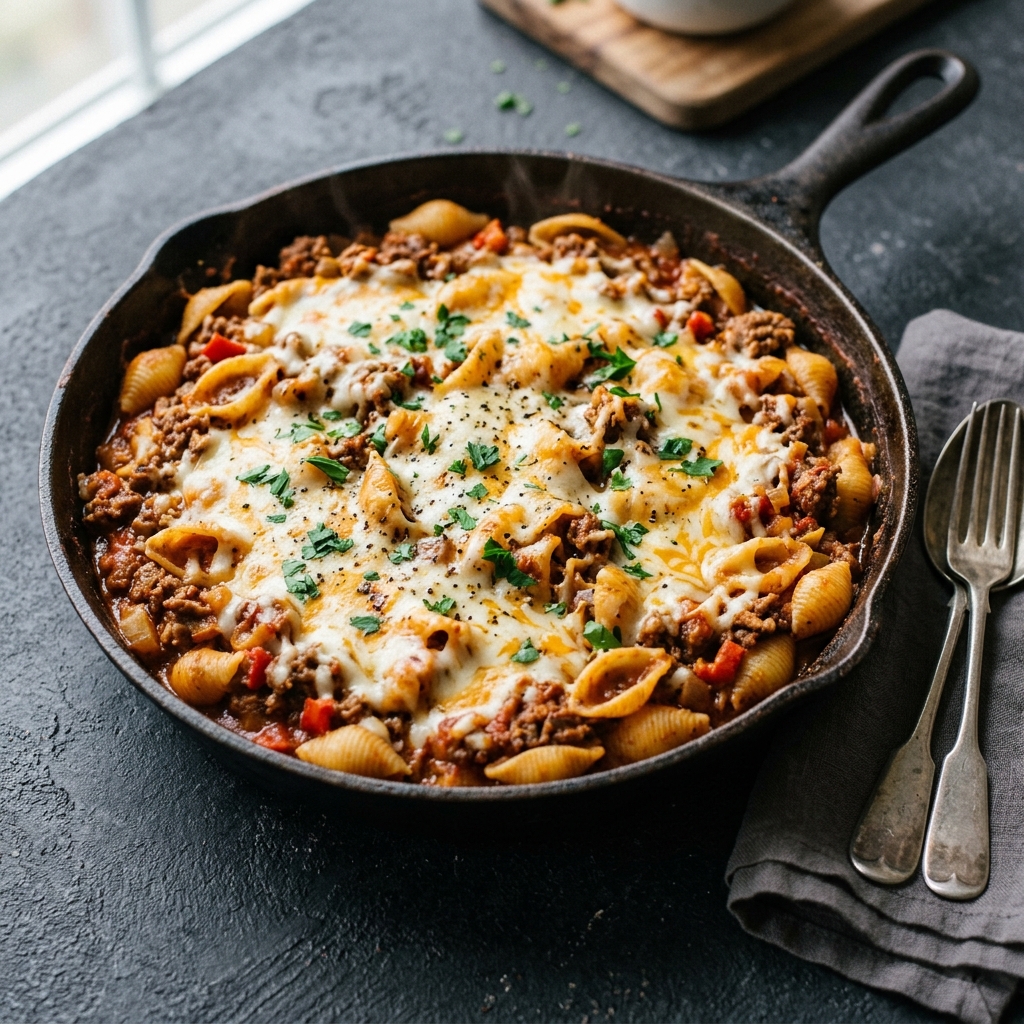 Cheesy Ground Beef Pasta Skillet