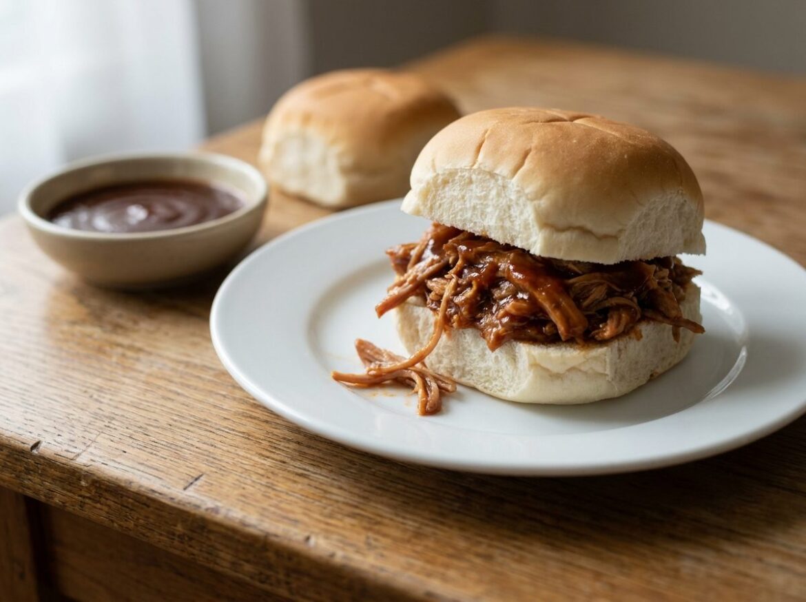 Crockpot pulled pork piled onto a soft white roll, glossy with barbecue sauce