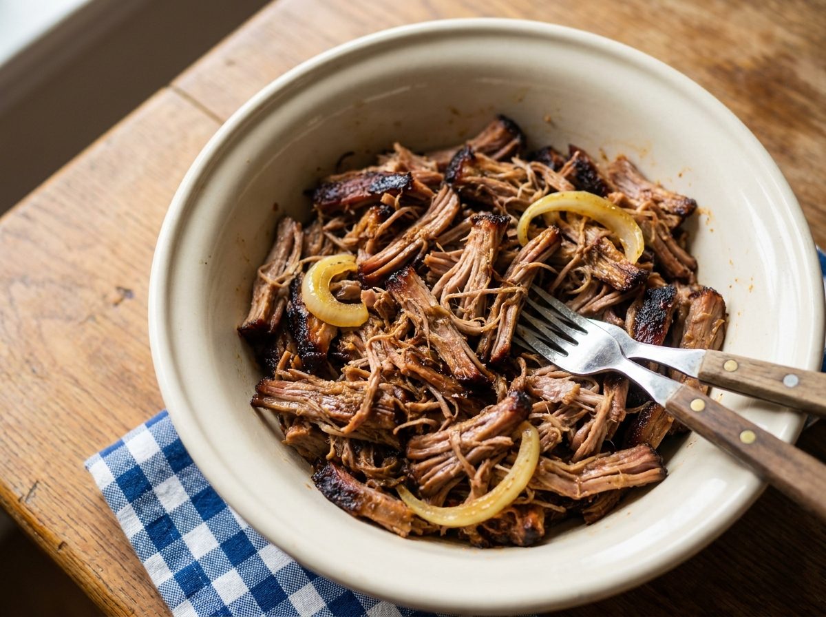 Shredded barbecue pulled pork in a cream ceramic bowl with two forks resting in it