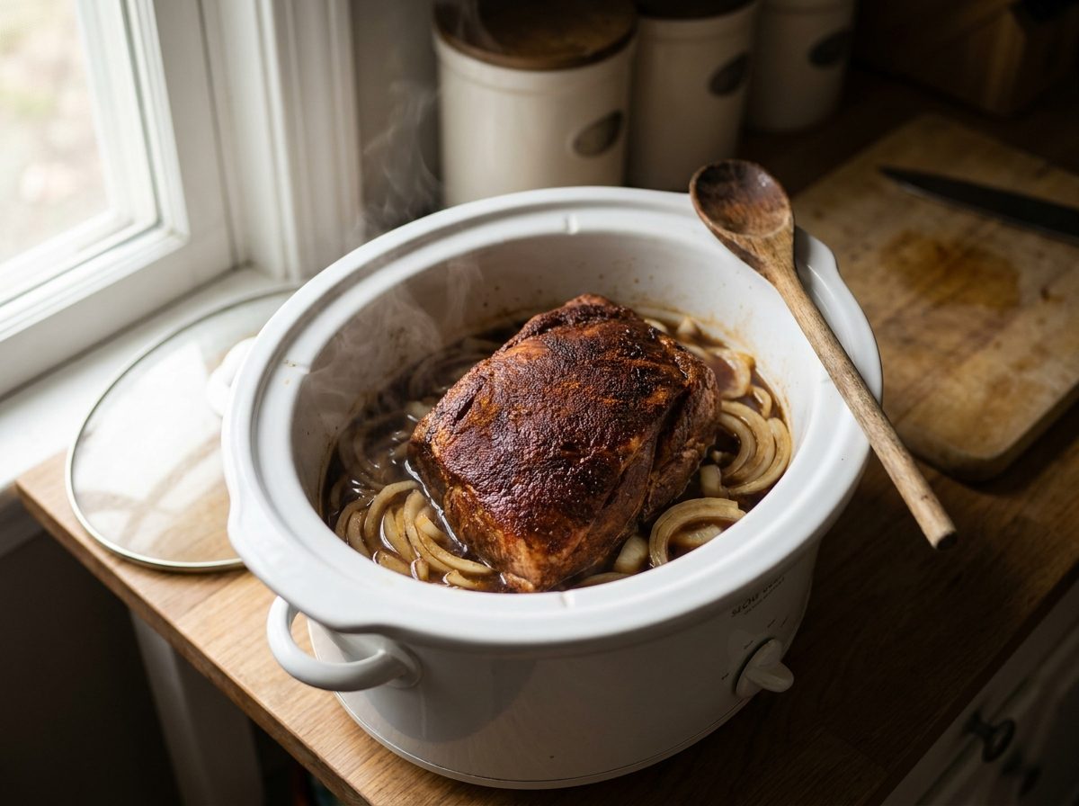 Spice-rubbed pork shoulder cooking on a bed of sliced yellow onions in a white slow cooker