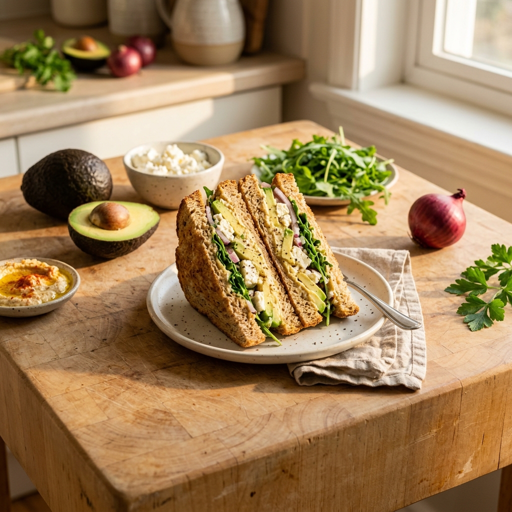 Hummus, Avocado and Feta Sandwich