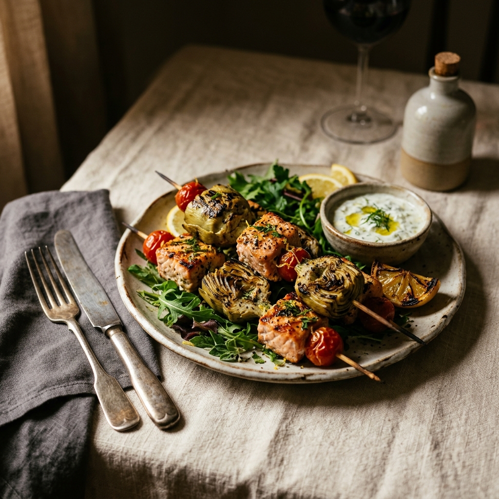 Mediterranean Salmon and Artichoke Skewers