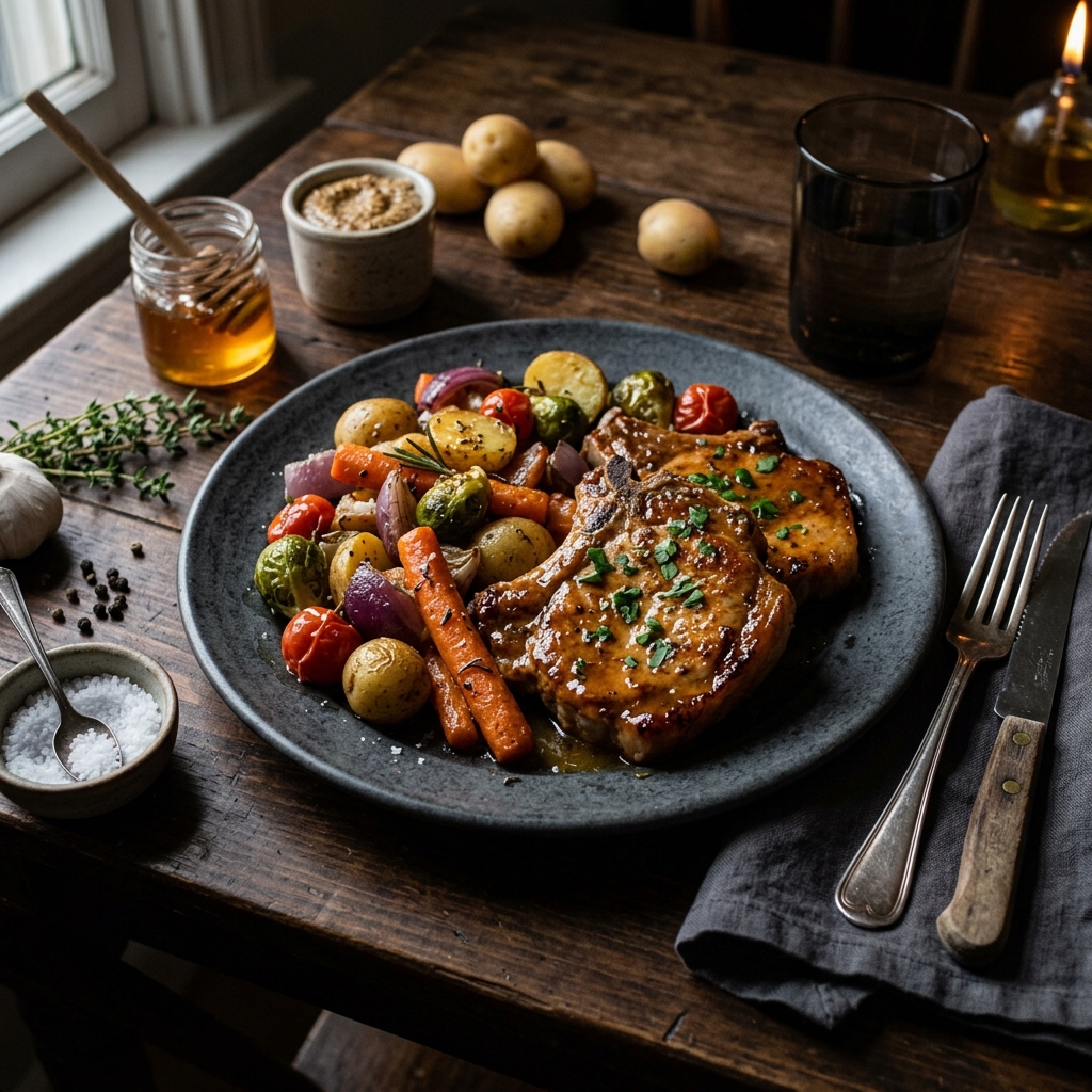 One Pan Honey Mustard Pork Chops and Veggies