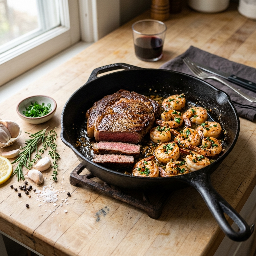 Pan Seared Garlic Butter Steak and Shrimp