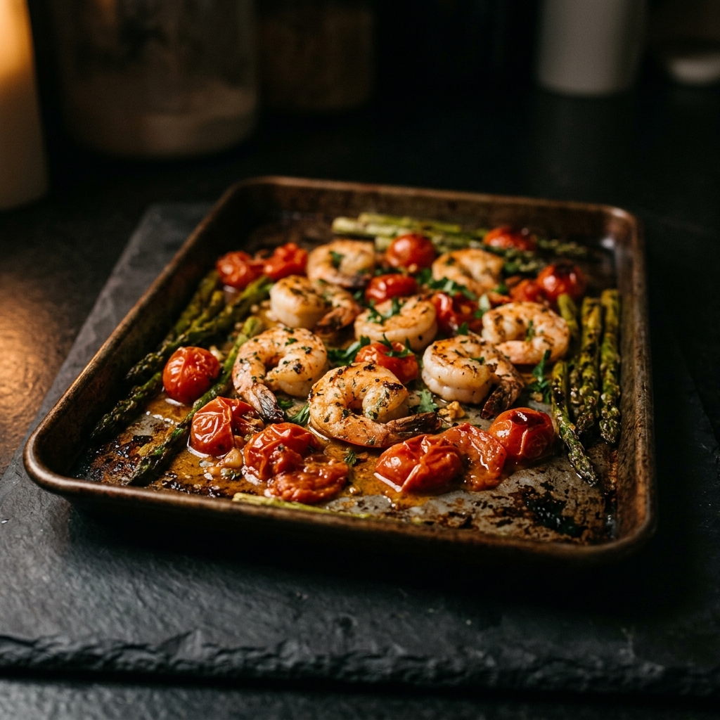 Pan Shrimp with Cherry Tomatoes and Asparagus
