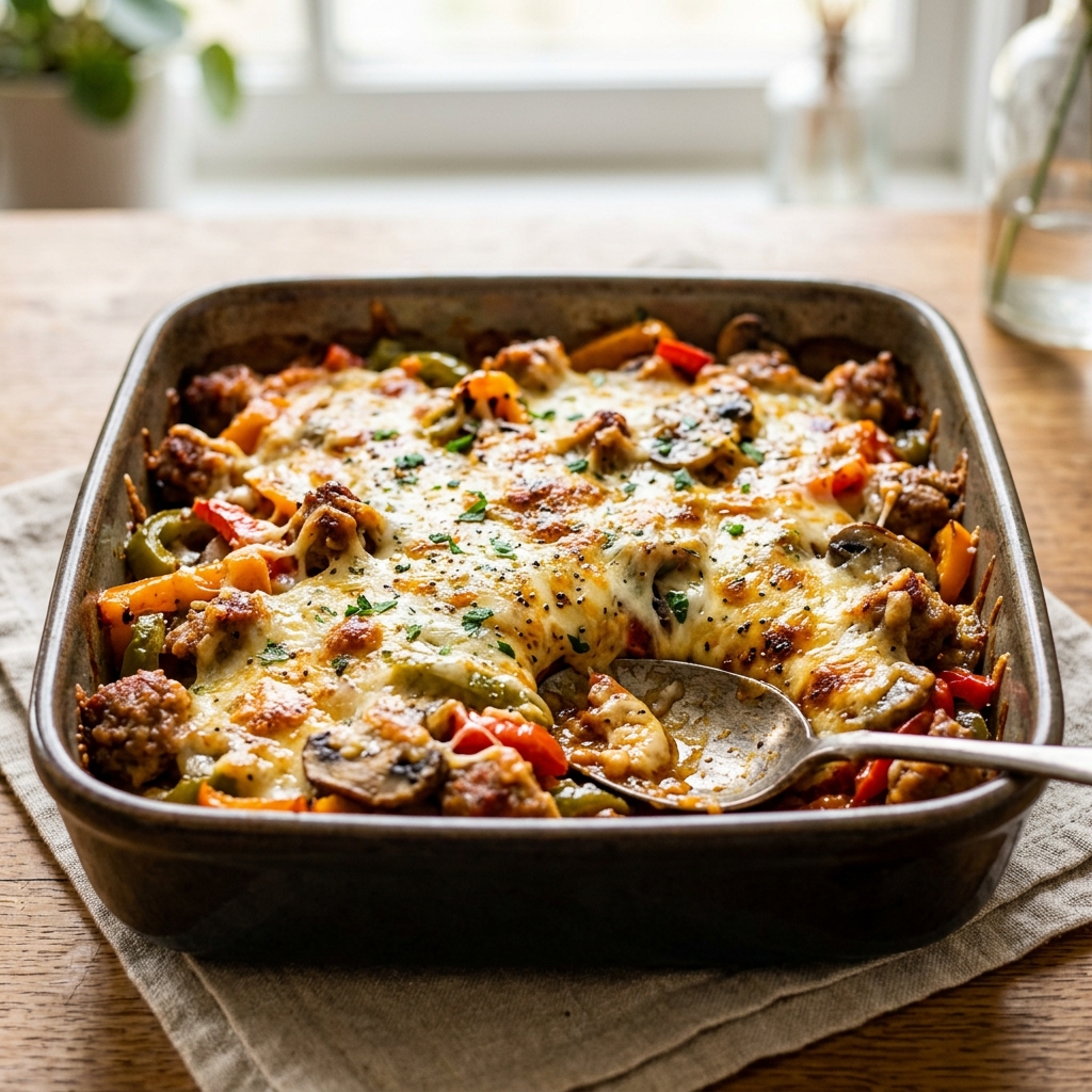 Sausage, Peppers, and Mushrooms Low Carb Cheesy Bake