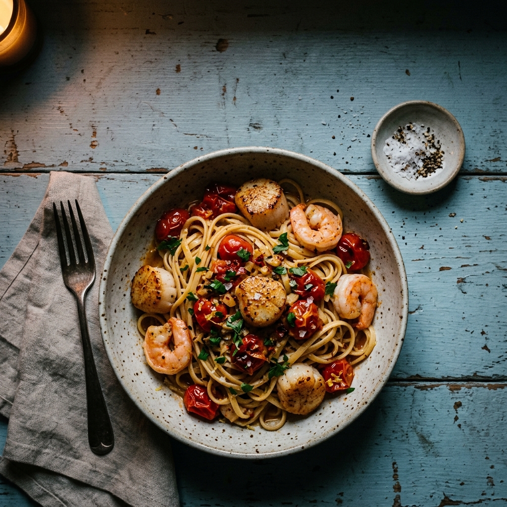 Scallop Shrimp Pasta with Cherry Tomatoes