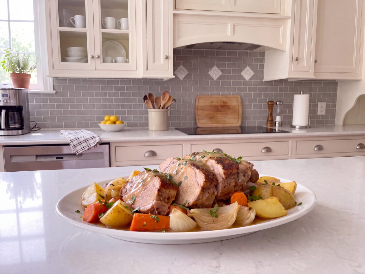 Slow cooker pork shoulder in tender chunks with potatoes, carrots and gravy on a white platter