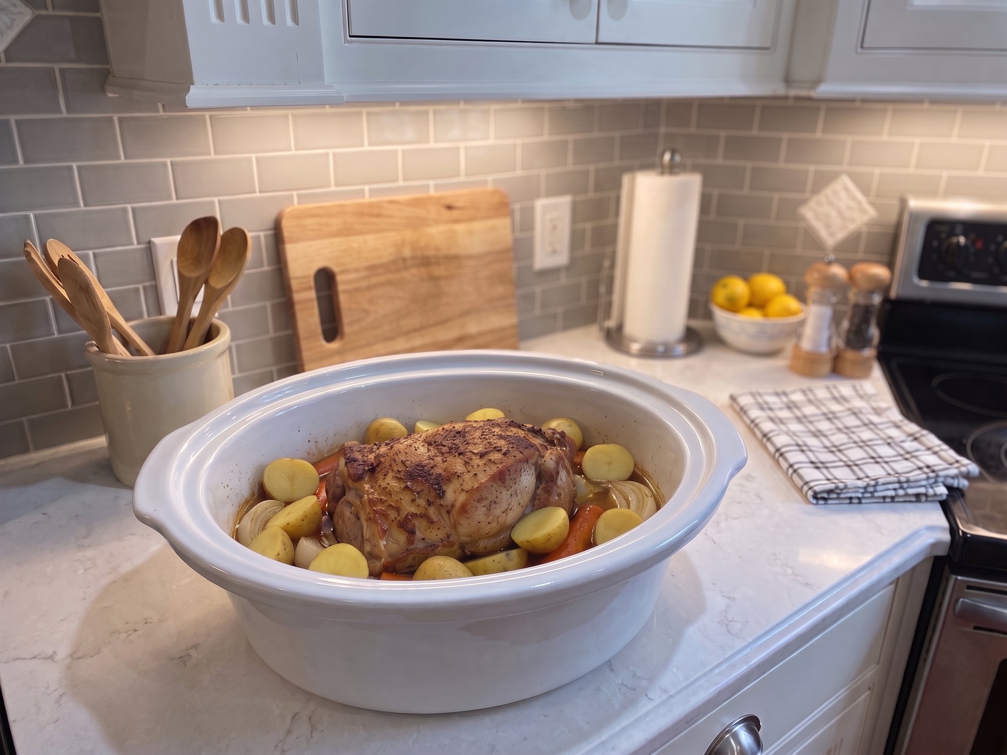 Browned pork shoulder roast on top of potatoes, carrots and onions in a white slow cooker