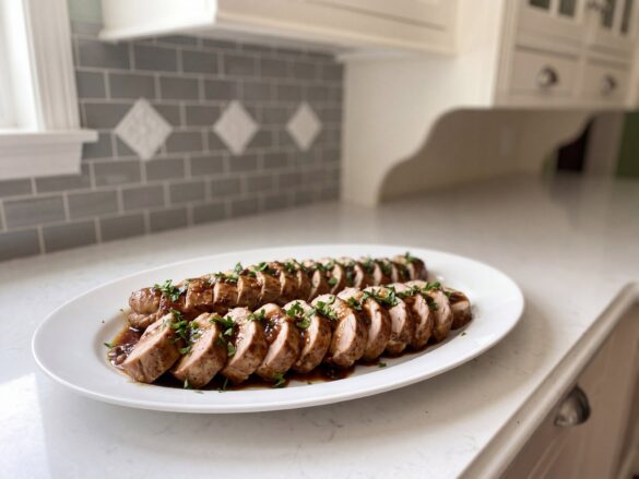 Sliced slow cooker pork tenderloin with brown sugar garlic glaze and parsley on a white platter