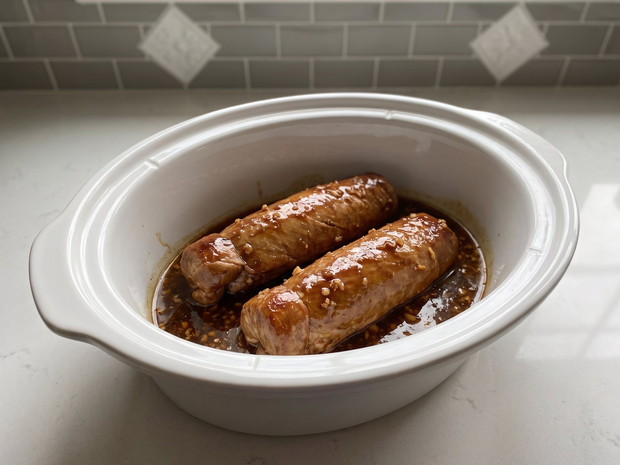 Two glazed pork tenderloins with the thin ends tucked under, in a white slow cooker with brown sugar garlic sauce