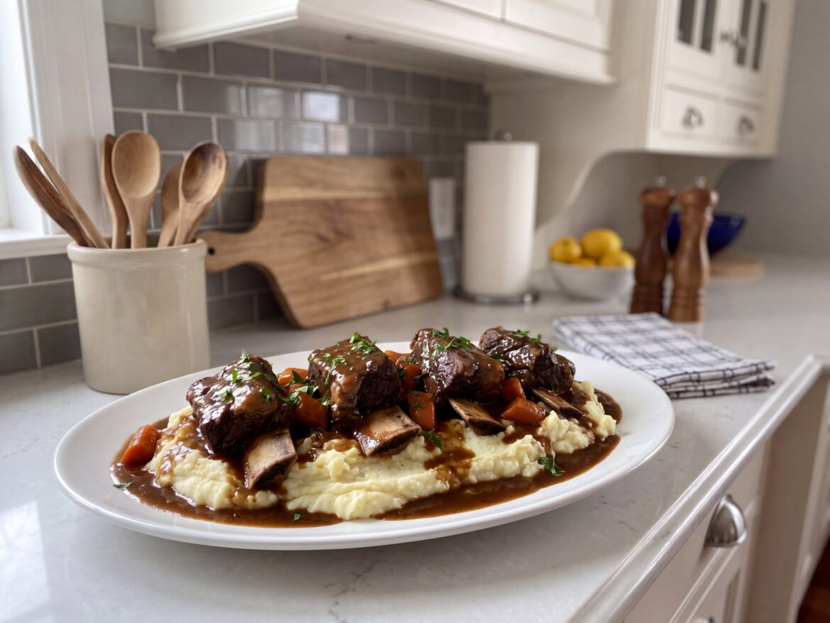 Slow cooker short ribs in a dark gravy over mashed potatoes on a white platter
