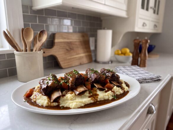 Slow cooker short ribs in a dark gravy over mashed potatoes on a white platter