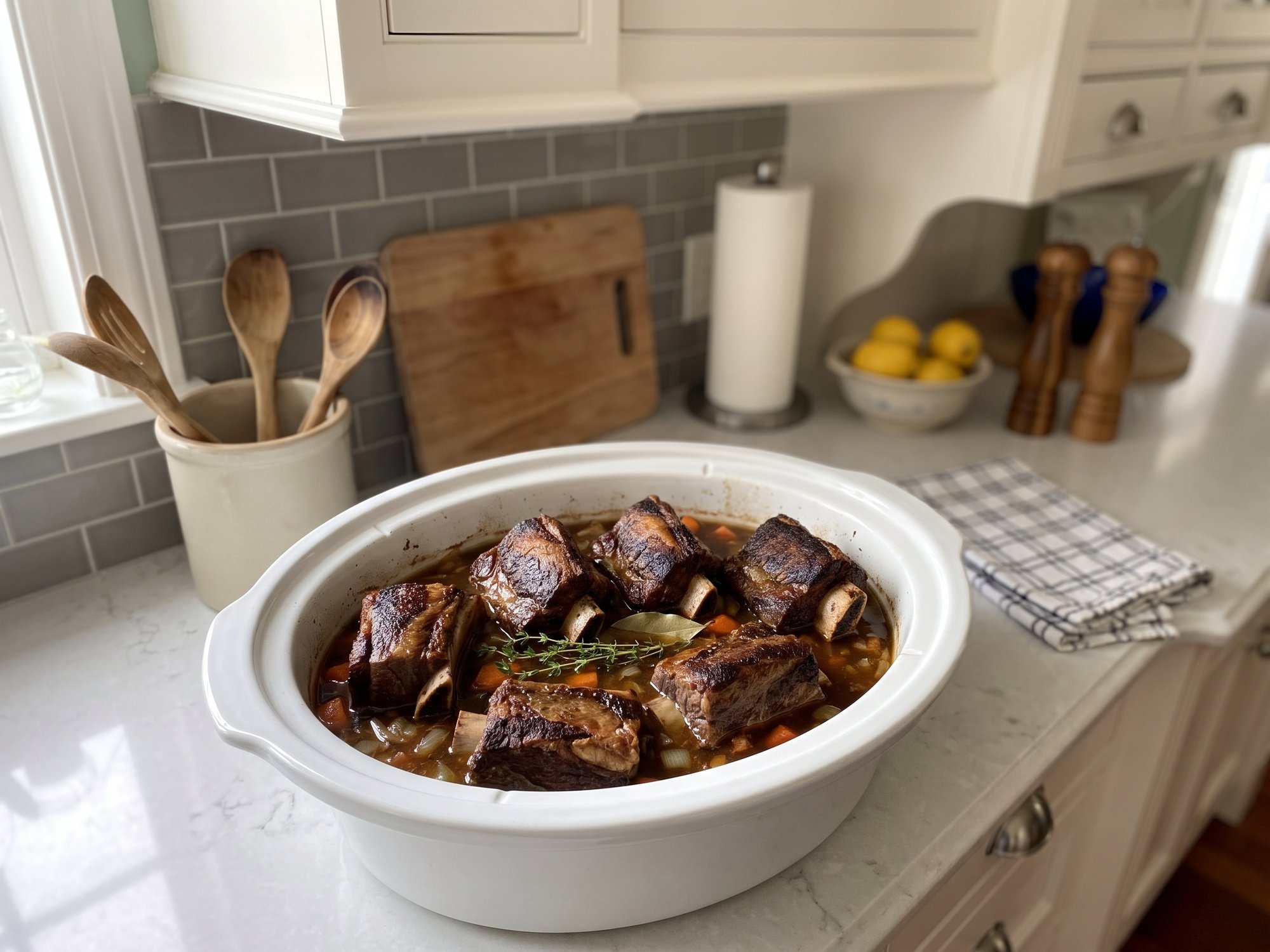 Seared beef short ribs nestled in broth with carrots, onion and thyme in a white slow cooker