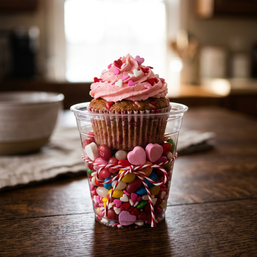 Valentines Cupcakes Served in Candy Filled Plastic Cups