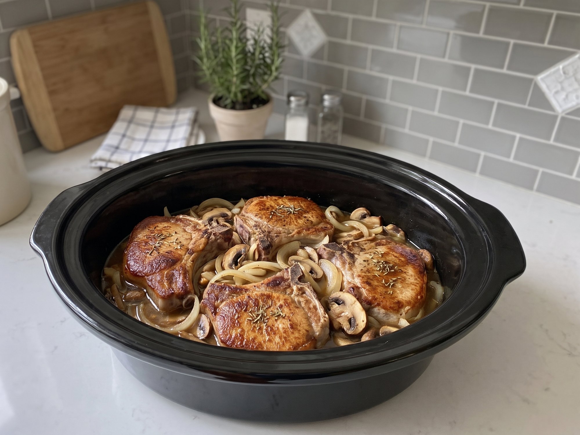 Browned bone-in pork chops in a slow cooker with sliced onions and mushrooms, ready to cook