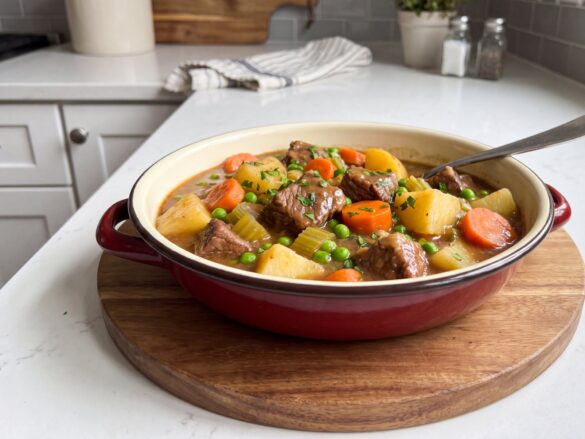 Crockpot beef stew with chunks of beef, potatoes, carrots, celery and peas in a thick gravy in a red enamel dish