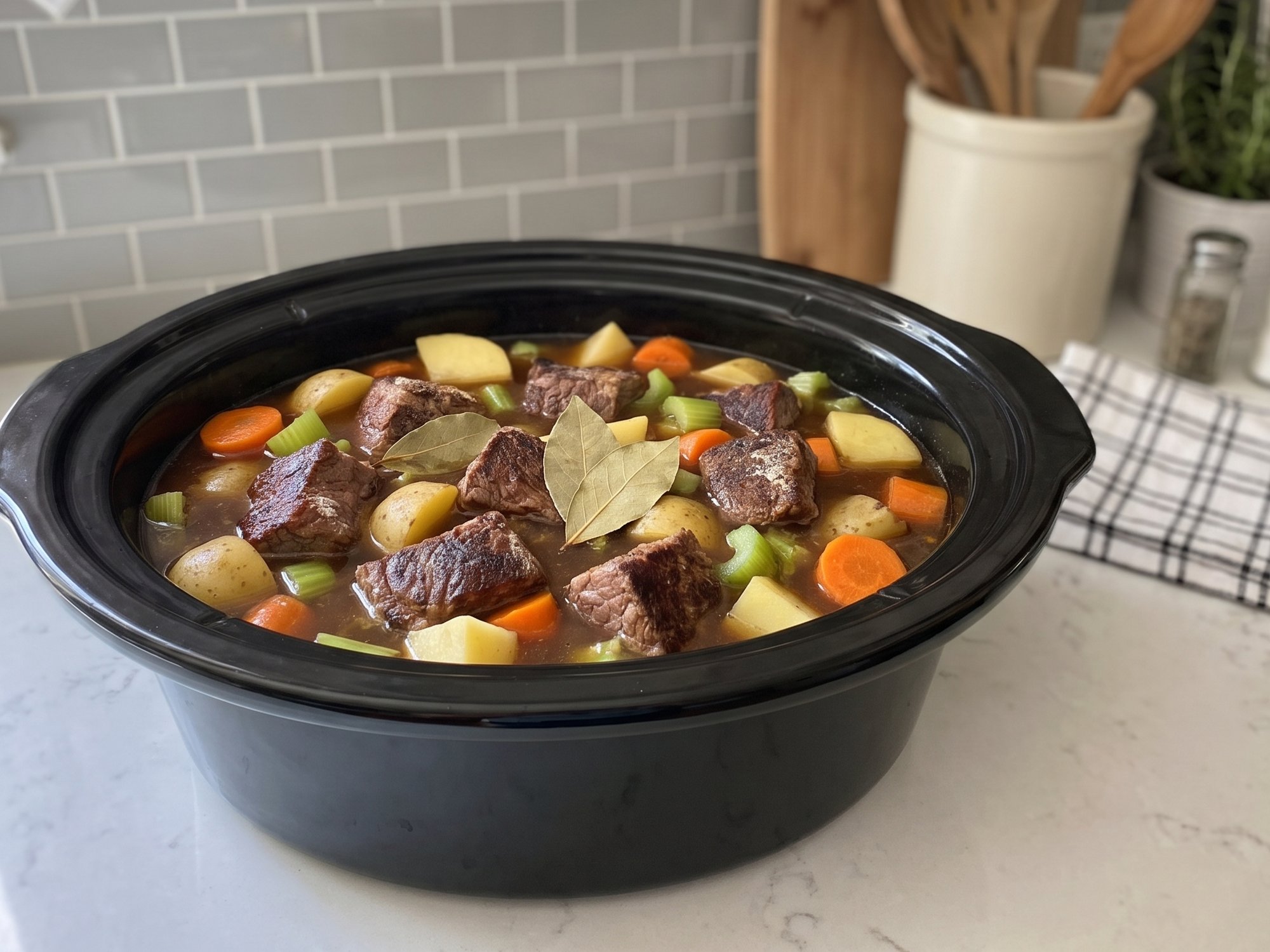 Browned flour-coated beef cubes with potatoes, carrots, celery and bay leaves in broth in a slow cooker before cooking