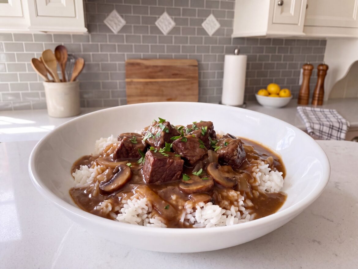 Crockpot beef tips in a brown mushroom gravy over white rice in a wide white bowl