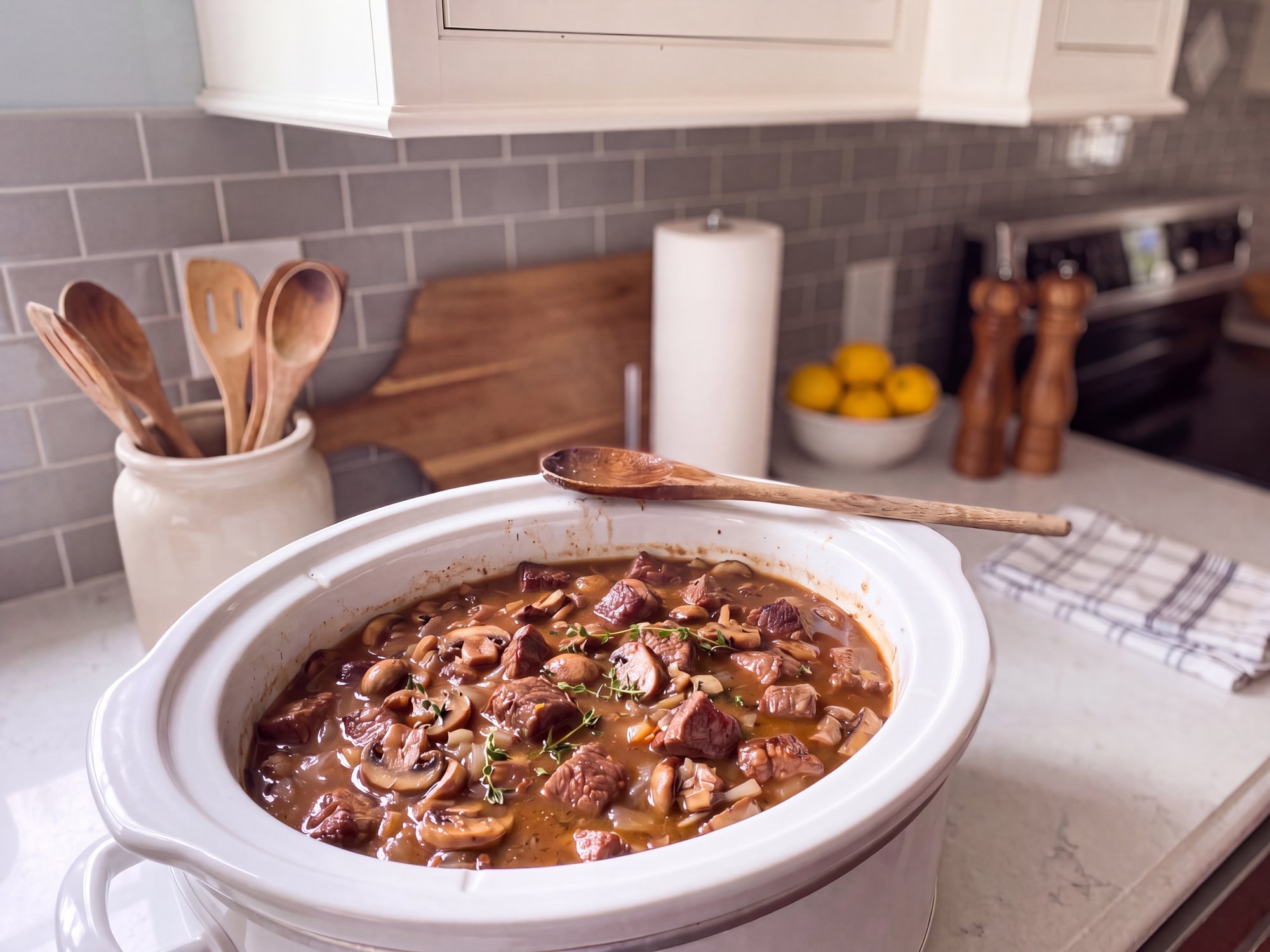 Beef tips with mushrooms and onions in a thick brown gravy in a white slow cooker