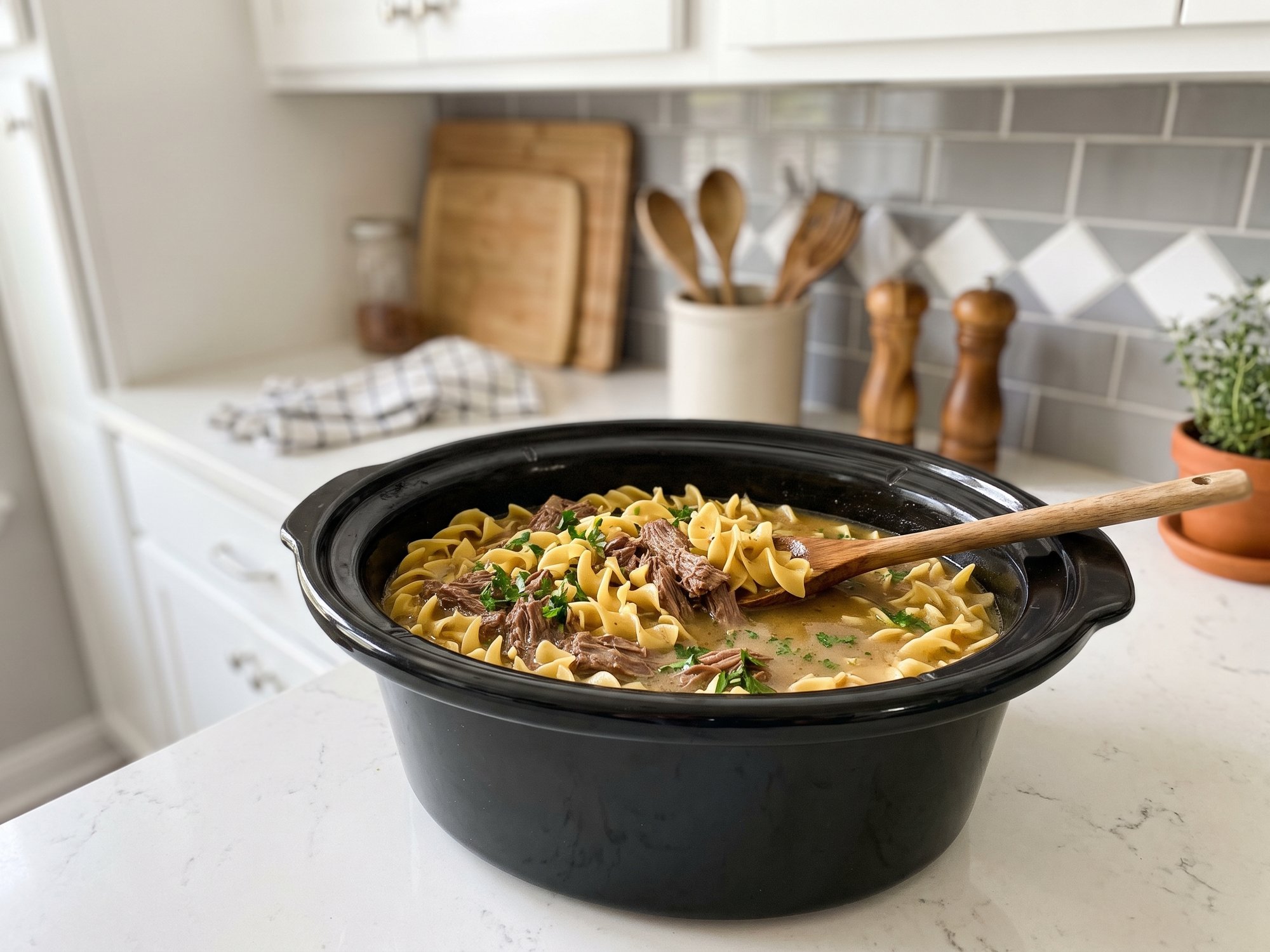 Shredded beef and egg noodles in buttery beef broth in a black slow cooker crock with a wooden spoon