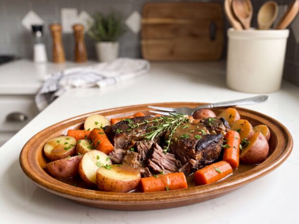 Crockpot chuck roast in tender pieces with red potatoes, carrots and gravy on a brown stoneware platter