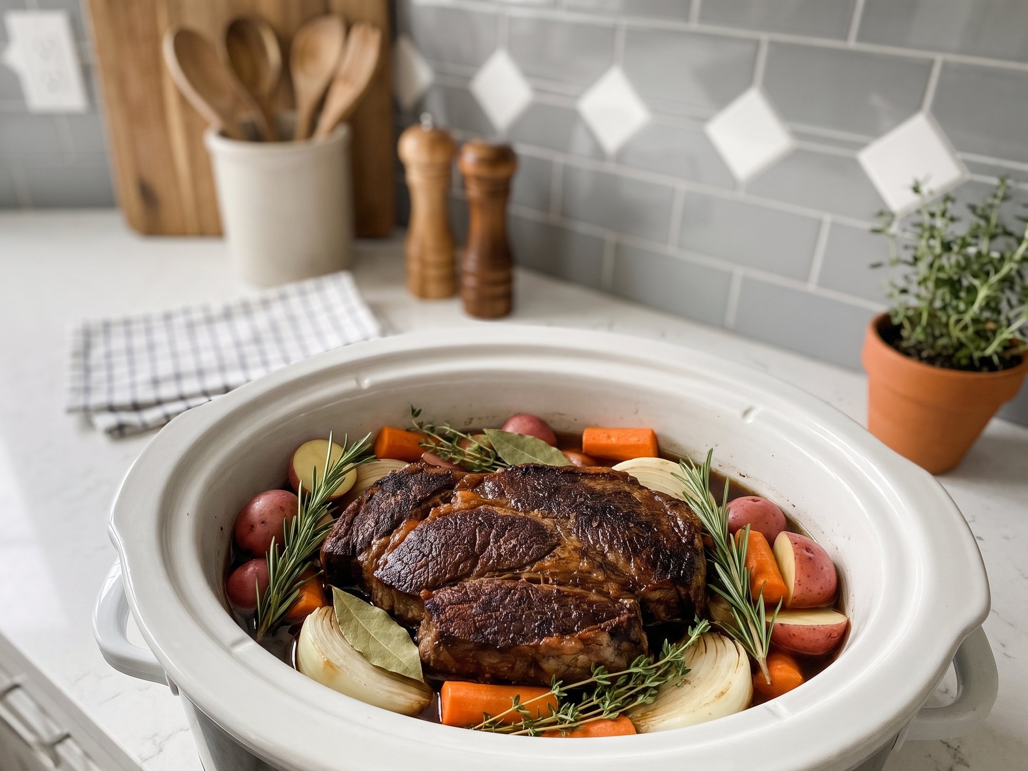 Seared chuck roast with red potatoes, carrots, onion wedges and fresh herbs in a slow cooker before cooking