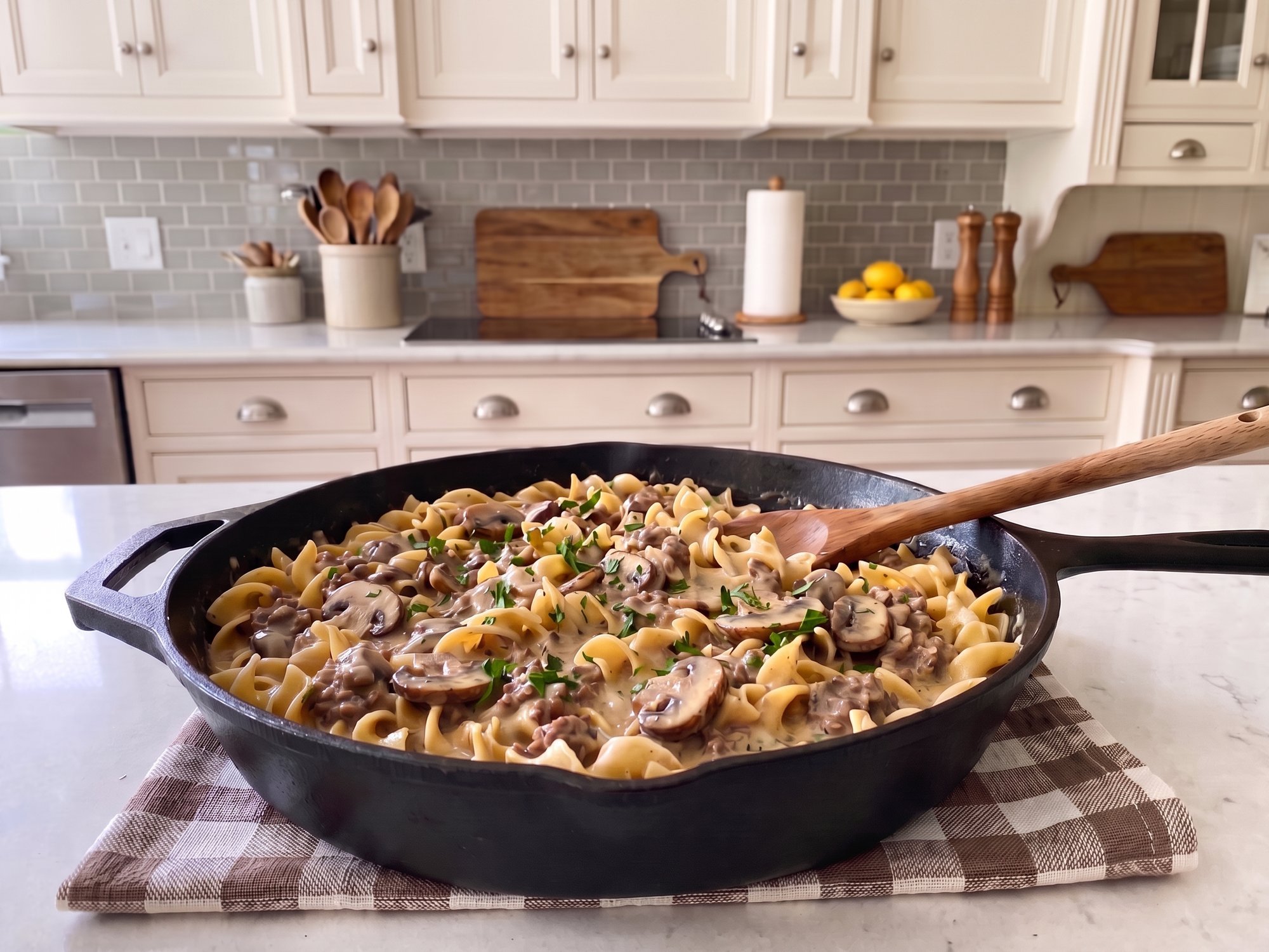 Ground beef, mushrooms and egg noodles in a creamy sauce in a cast iron skillet
