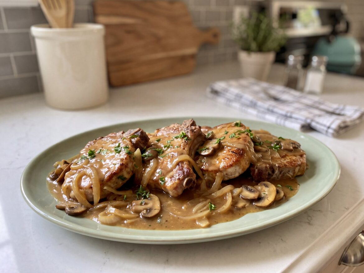 Smothered crock pot pork chops in onion and mushroom gravy with parsley on a sage green platter
